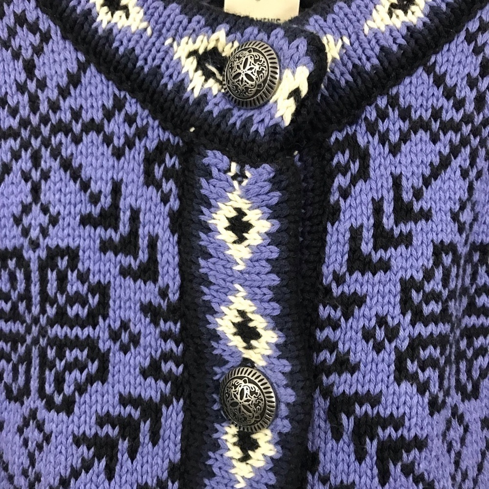 Vtg LL Bean Women Medium Purple Black Metal Button Fair Isle Snowflake Cardigan - Picture 7 of 12